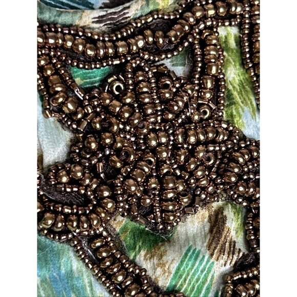 Chicos Silk Poncho Top S/M Green Paisley Animal Print Artsy Lightweight Beaded - Picture 6 of 12